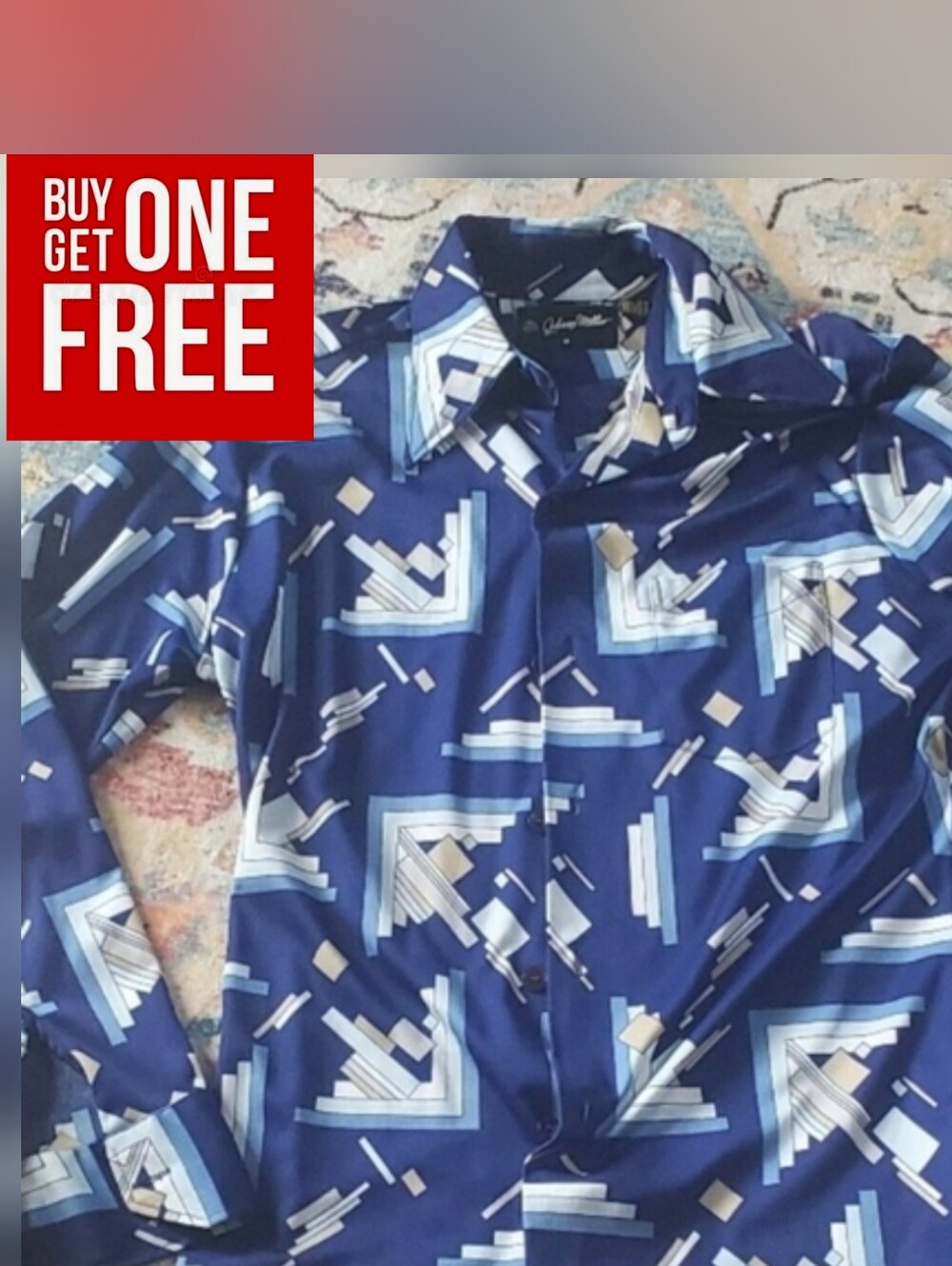 Johnny Miller Geometric Print Blue Button-Up Shirt NWOT